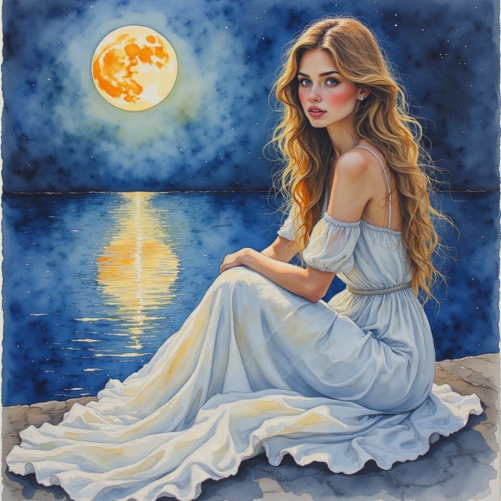 Woman by Moonlit Water in Watercolor Style