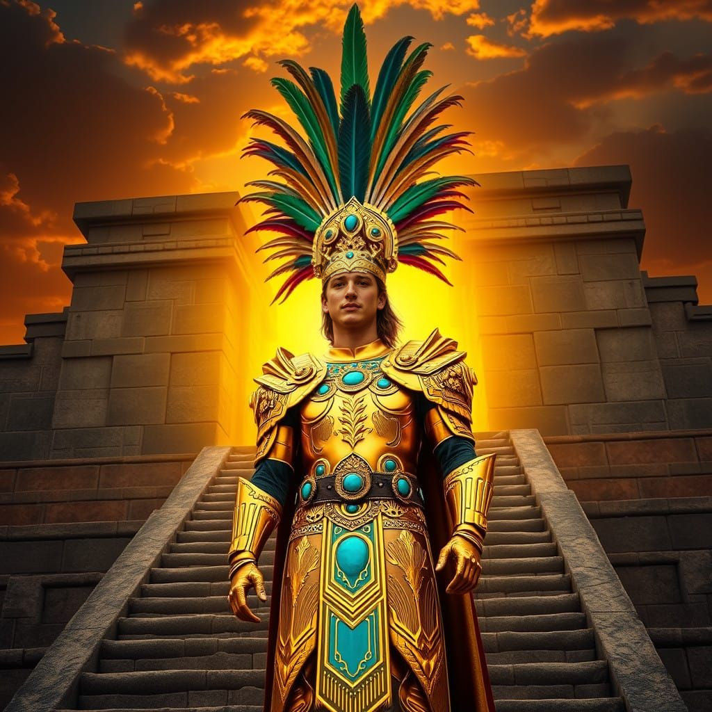 An Aztec temple bathed in the amber glow of sunset. Miles Teller, embodying a golden king, stands tall in ornate armor a...