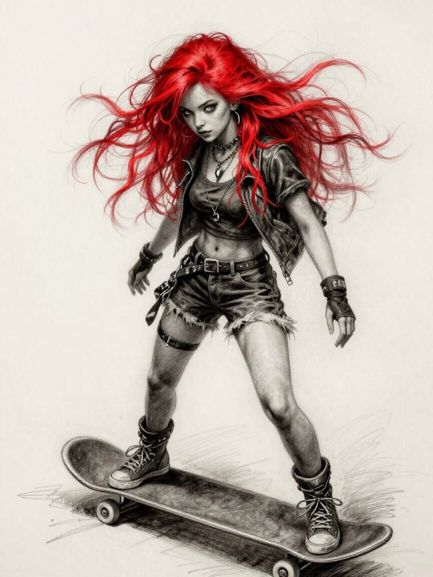 Charcoal Sketch of Punk Girl in Action Pose