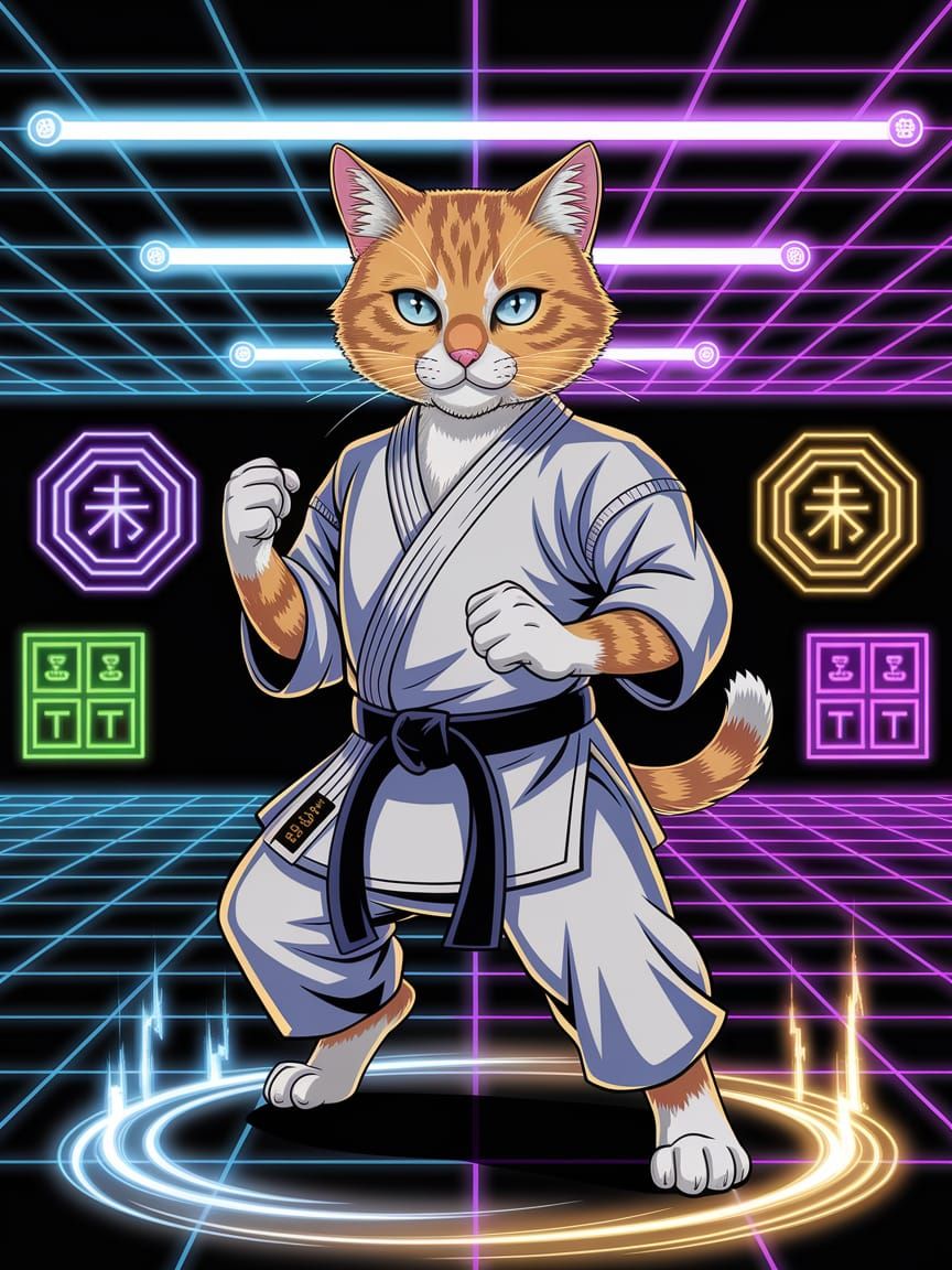 Fierce Ginger Cat in Neon Dojo: Pixel Art
