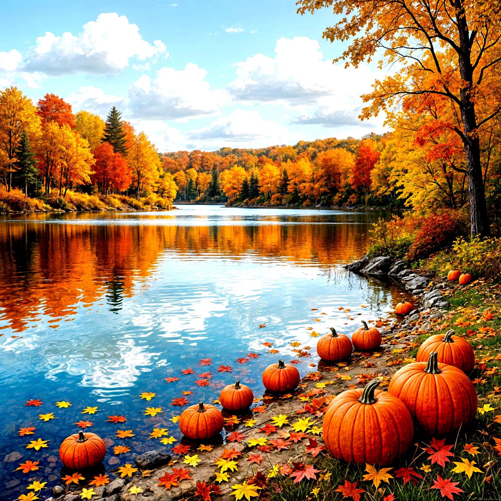 Autumnal Lakeside Scene with Pumpkins and Fall Leaves