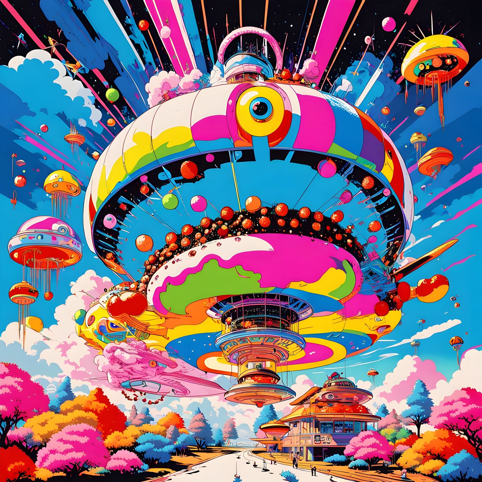 Surreal Pop Art Scene of Donut Drones Chasing UFOs