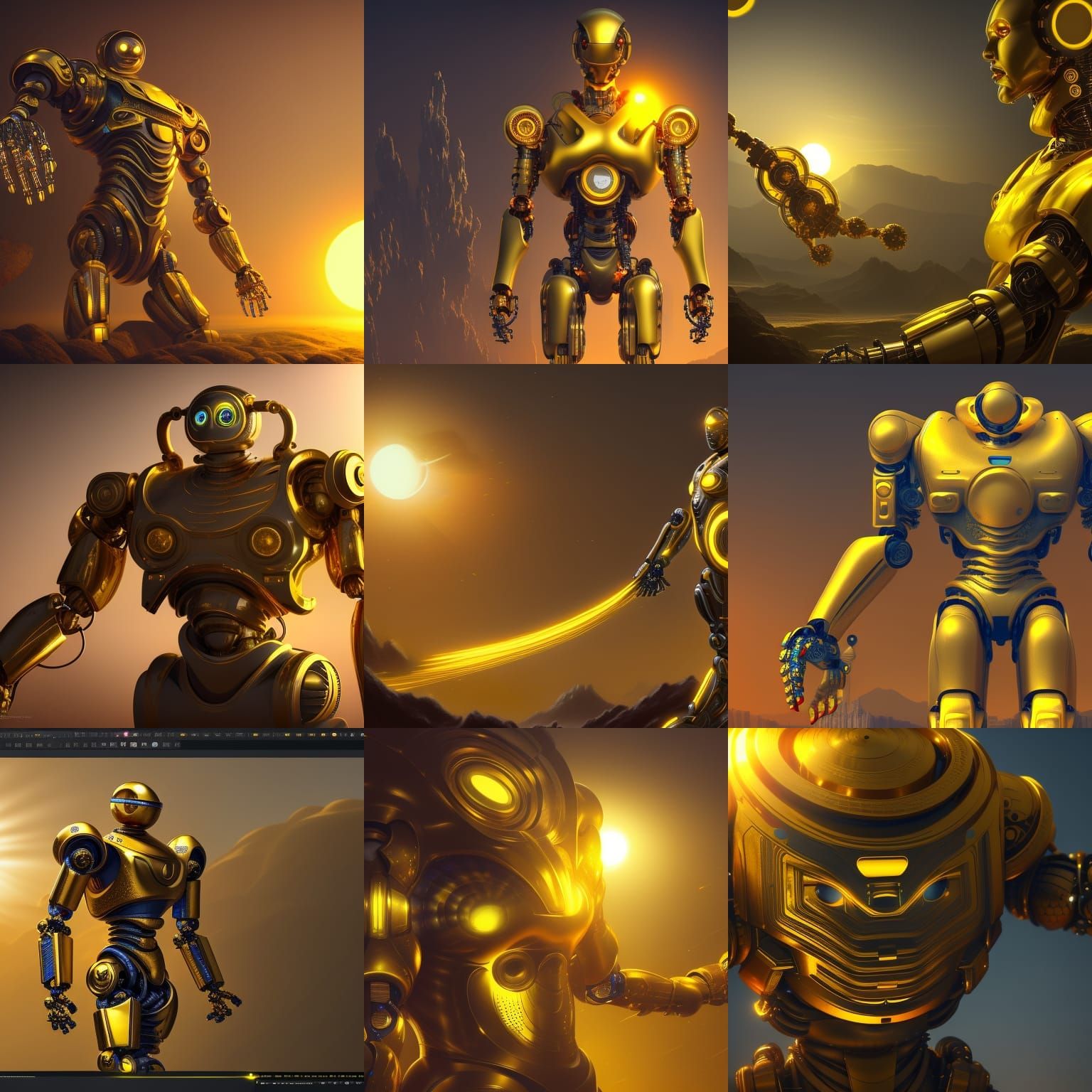 Golden Robot in Sunlit Fantasy Landscape