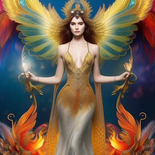 Photorealistic Fire Phoenix Portrait in Detailed Filigree St...