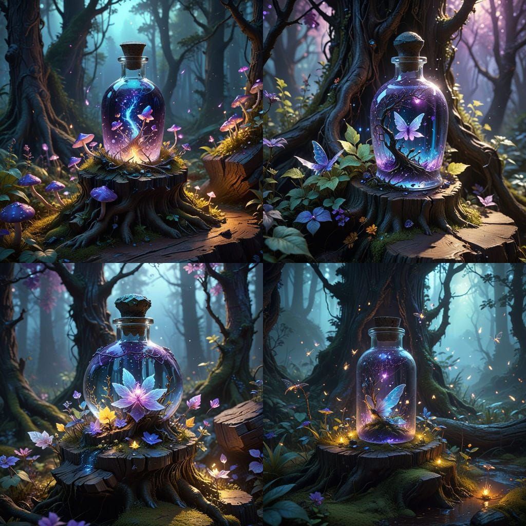 Surreal Cosmic Potion in a Crystal Bottle, Whimsical Forest ...