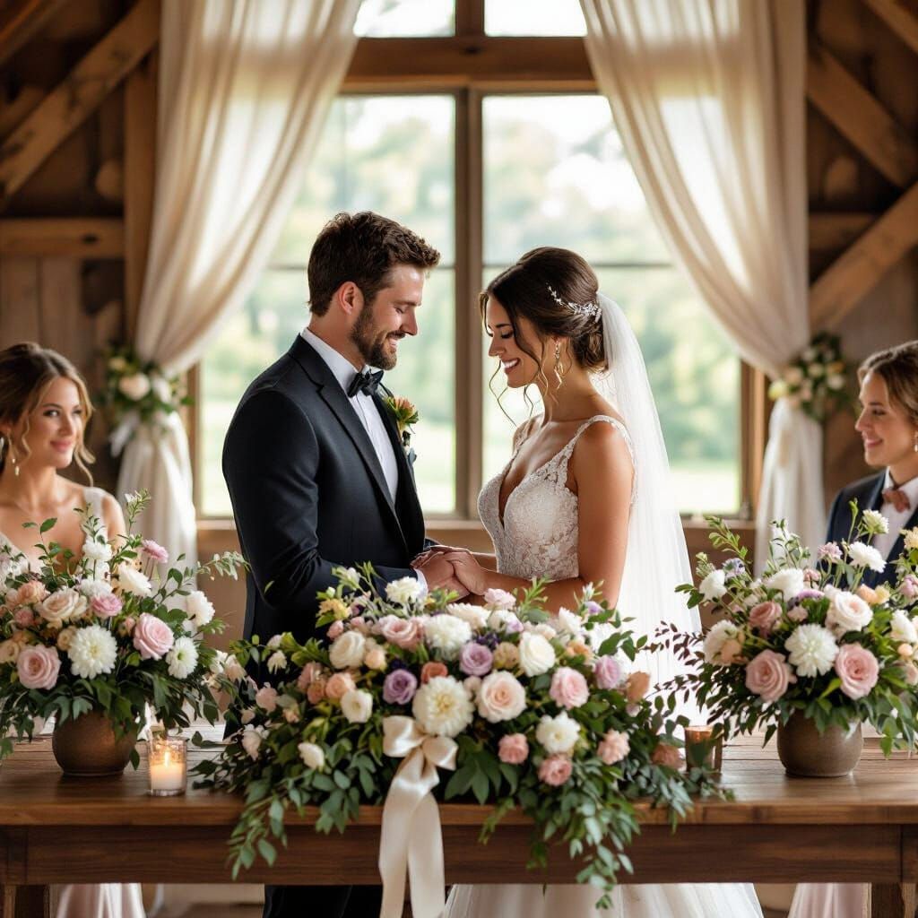 Romantic Wedding Scene with Rustic Floral Centerpieces