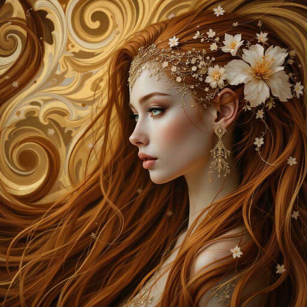 Art Nouveau Elf Portrait with Floral Hair in Oil Realism