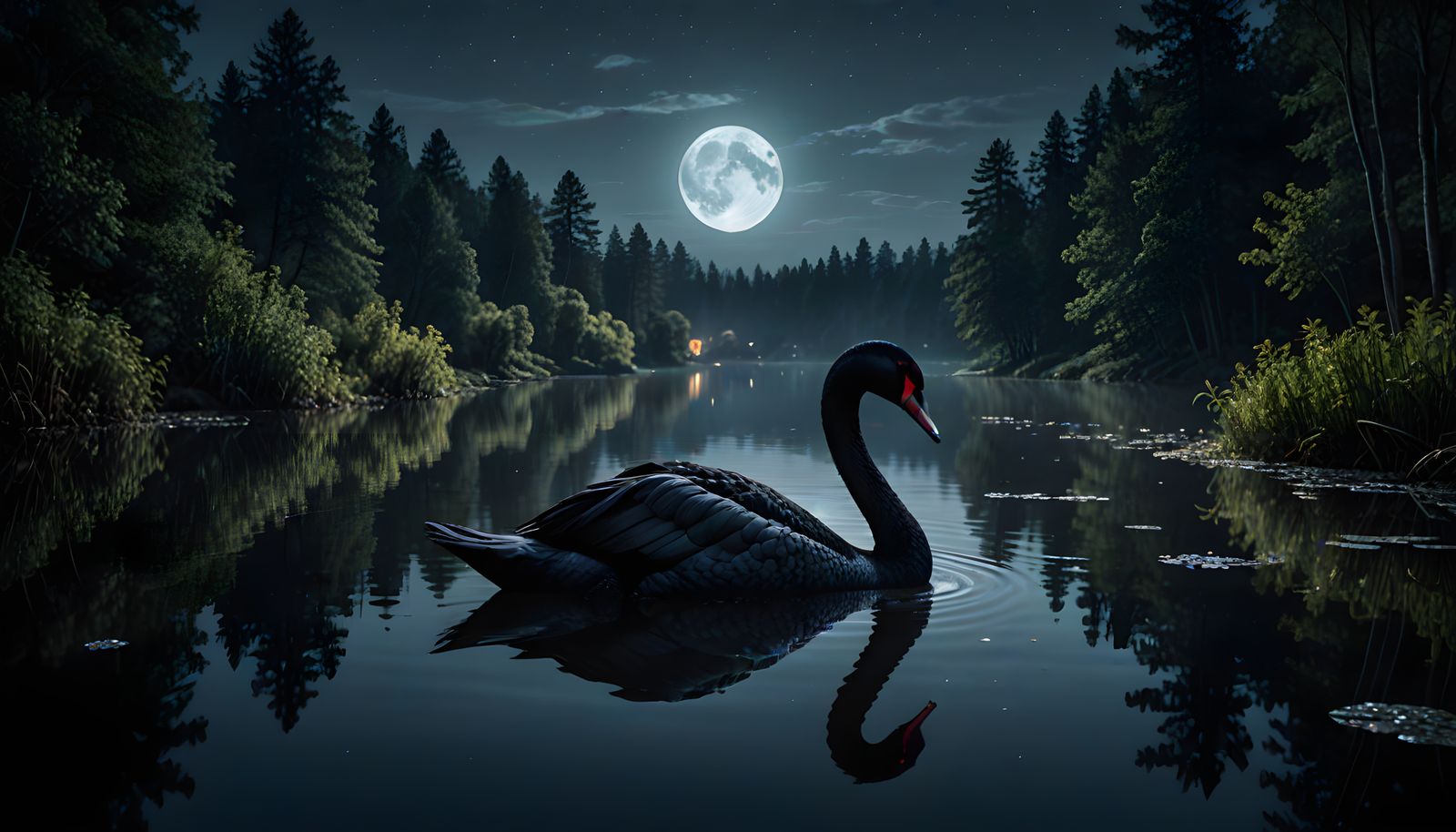 Ethereal Black Swan in Crystal Lake Under Moonlight