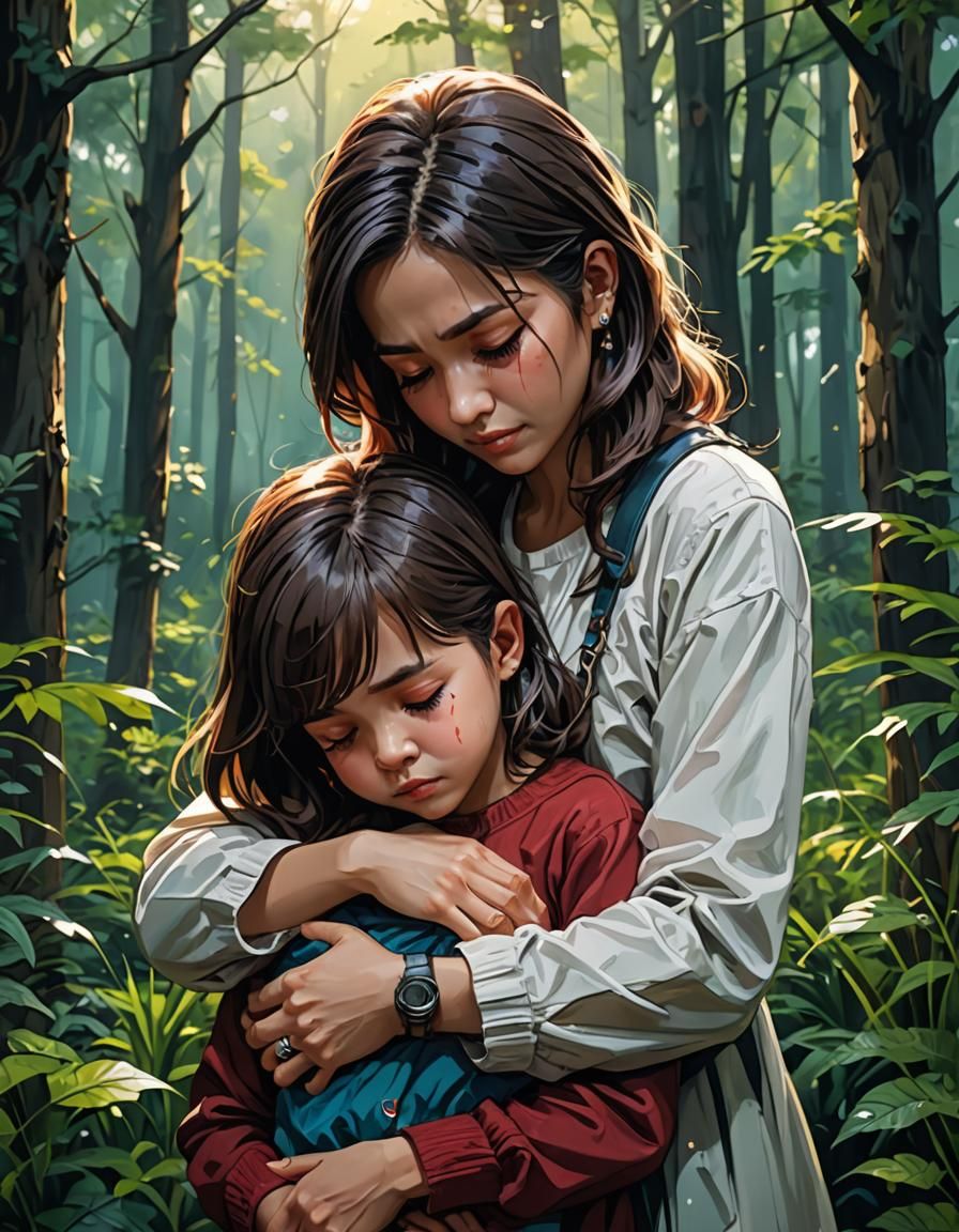 Emotional Mother and Child in Forestscape Art