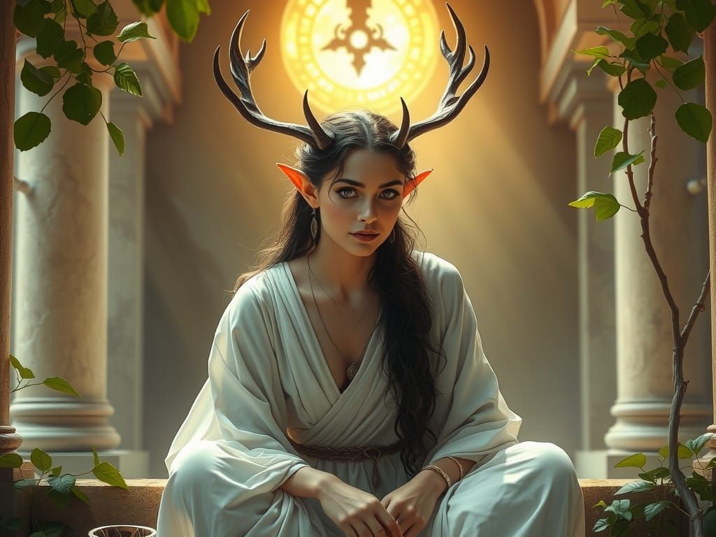 Elven Priestess in Mystical Temple, Art Nouveau Style