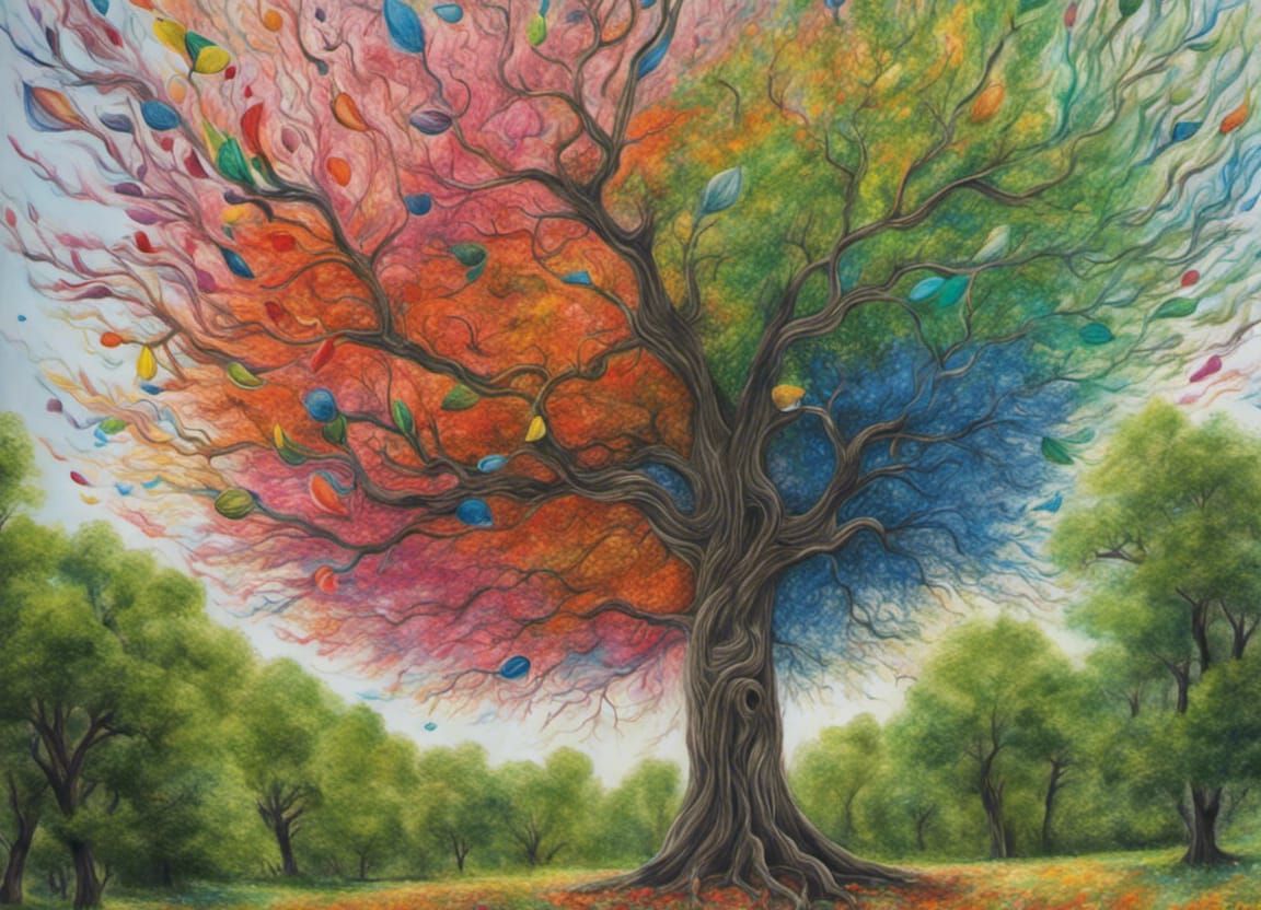 Colorful Windswept Tree in Hyperrealistic Pastel Art