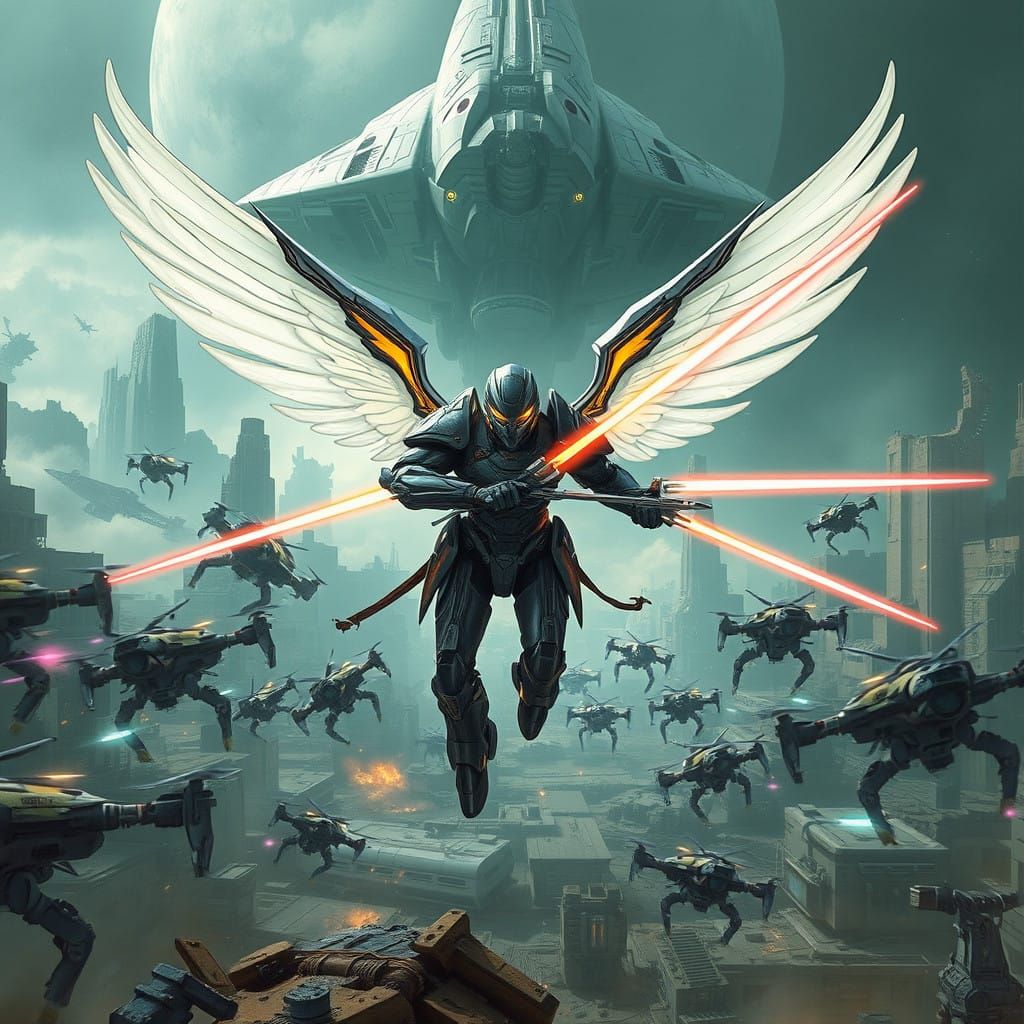 Cyberpunk Angel Engages in Futuristic Combat