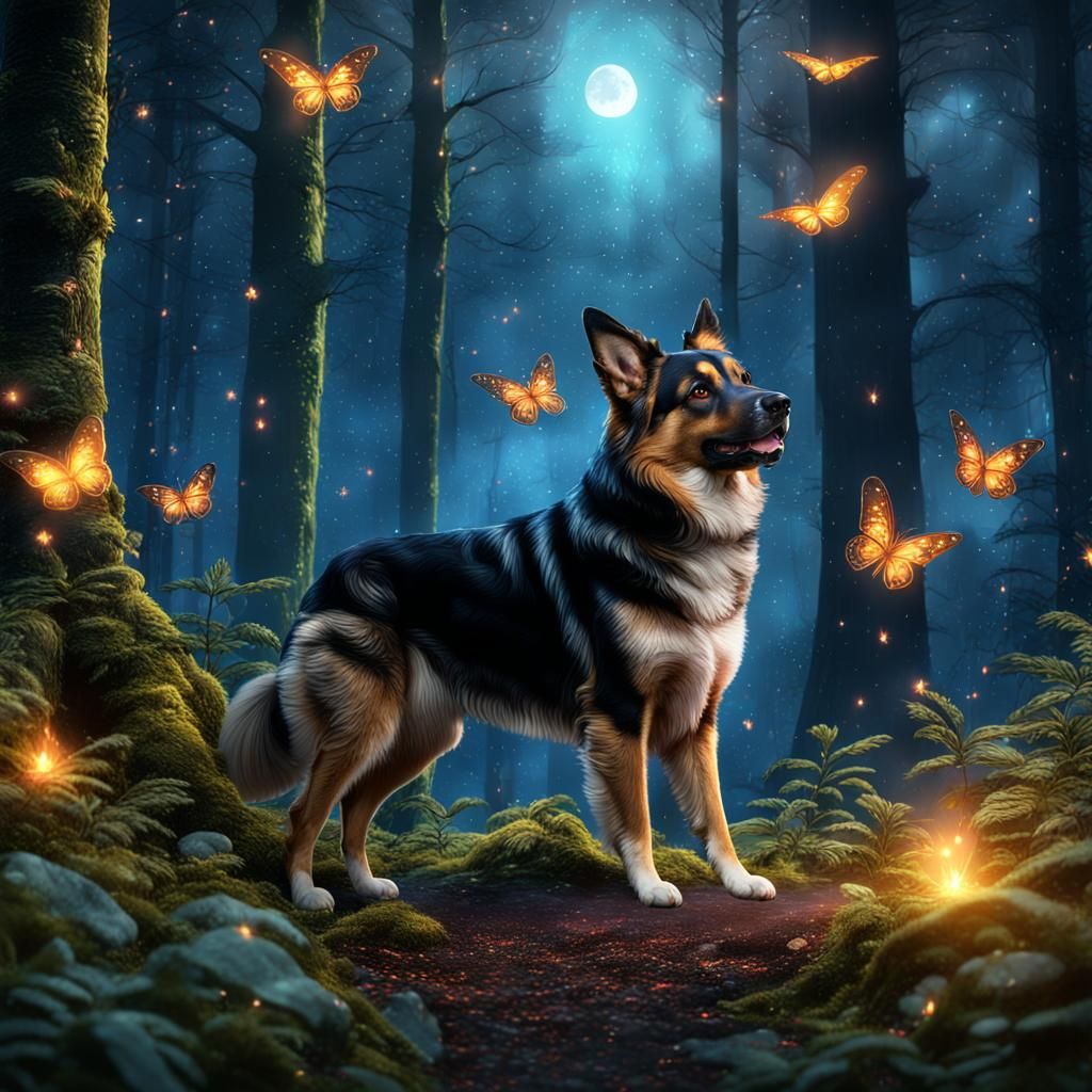 German Shepherd in Enchanted Forest at Night