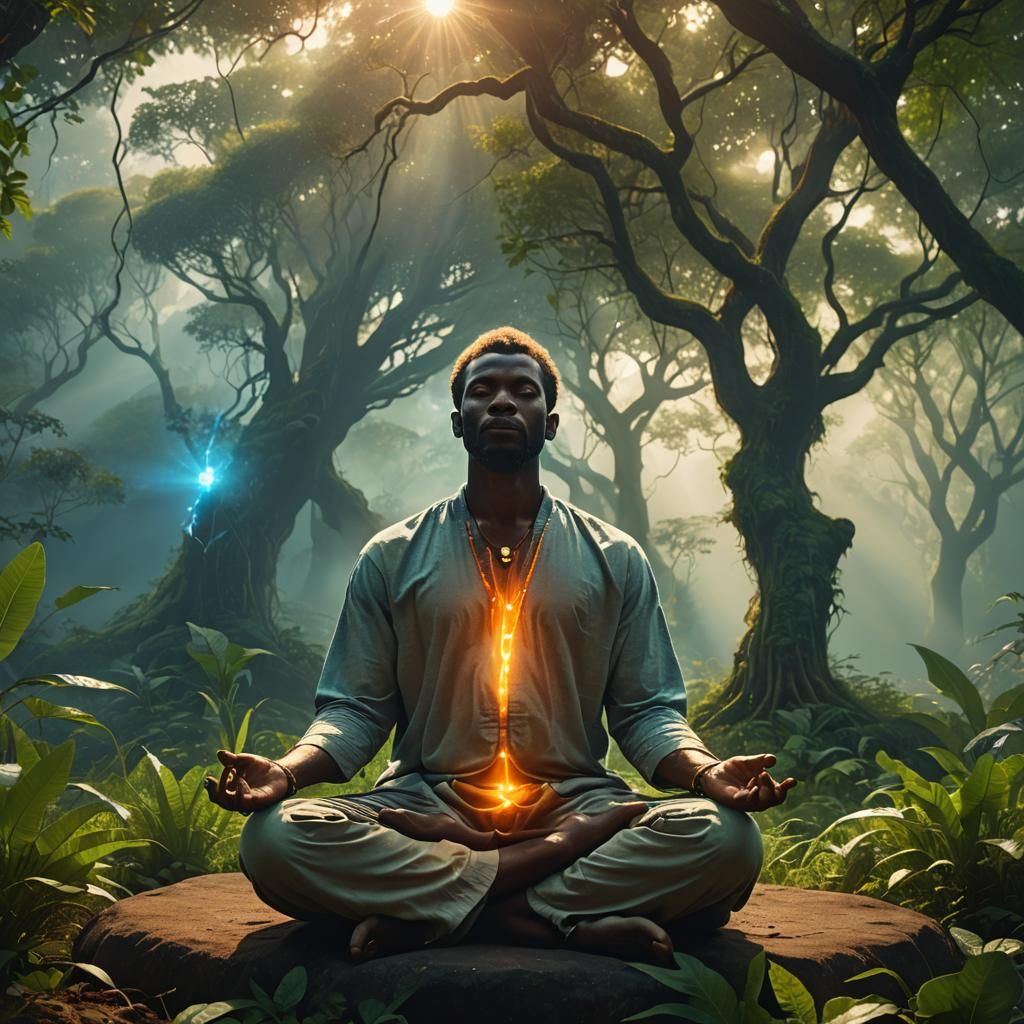 Meditating Man with Aura in Matte Painting Style