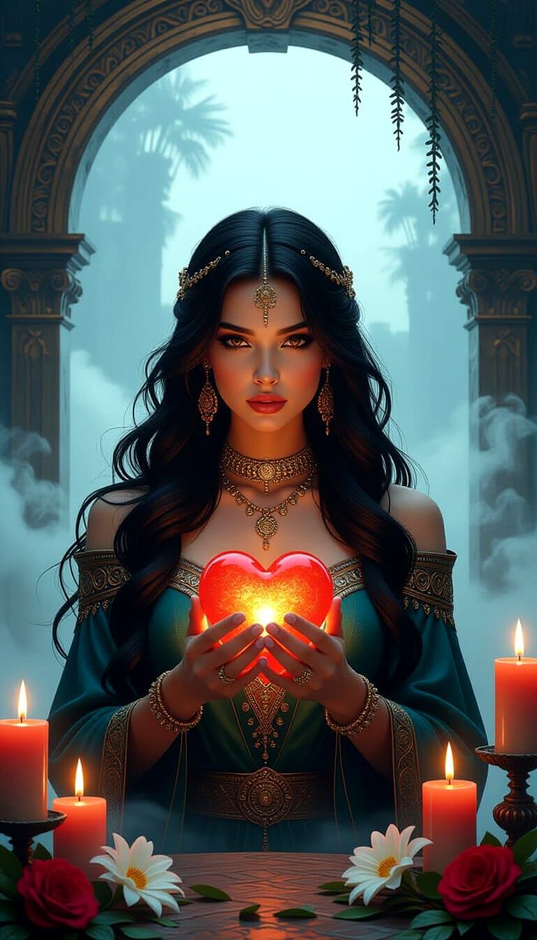 Woman with Crimson Rose in Epic Fantasy Illustration