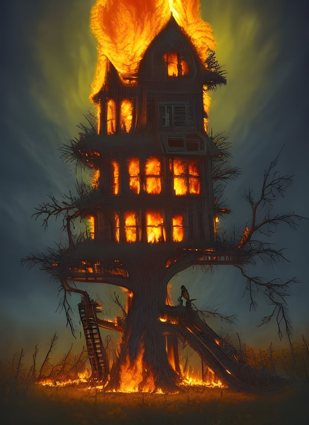 Post-Apocalyptic Corn Treehouse Ablaze with Electric Foliage
