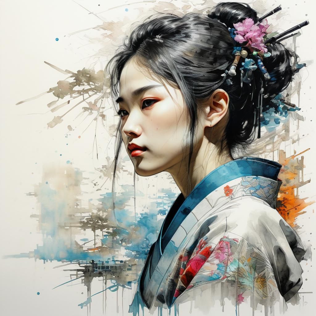 Japanese Woman Portrait in Ink Drawing Style