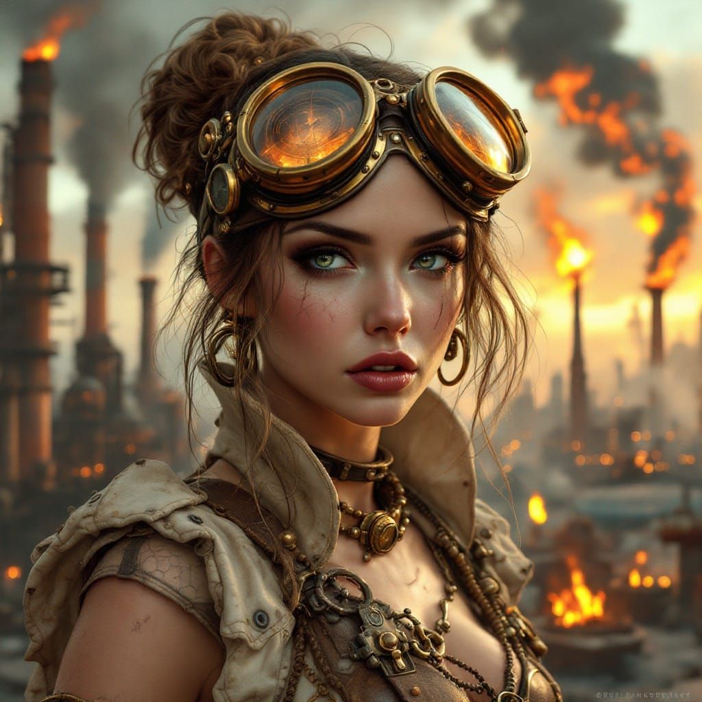 Steampunk Warrior Amidst Industrial Ruin