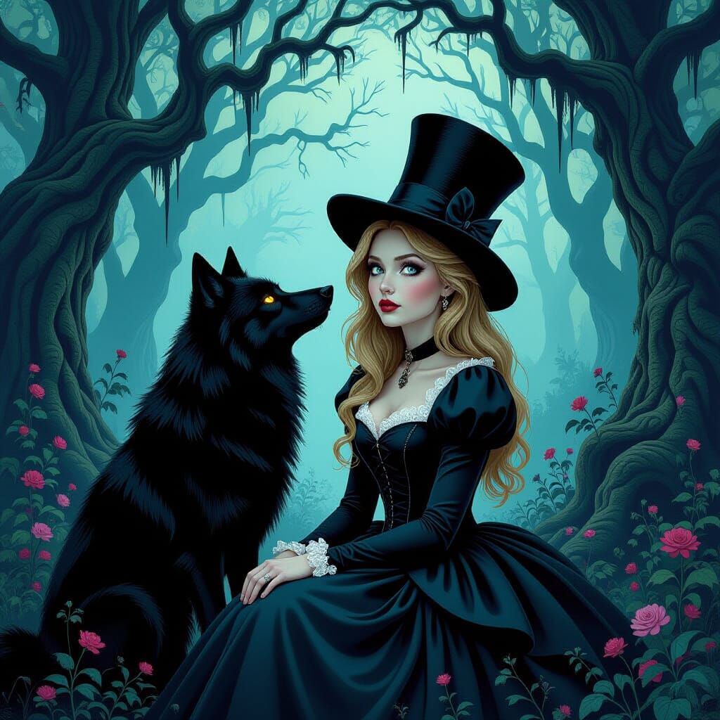 Alice in Wonderland in Black Wedding Dress with Wolf in Dark...