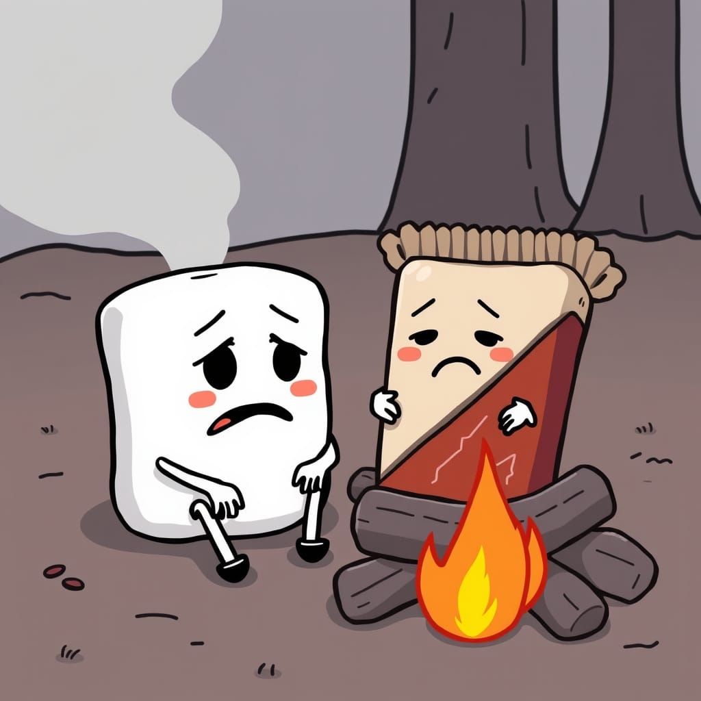 Cartoon Marshmallow and Candy Bar Friends at Campfire