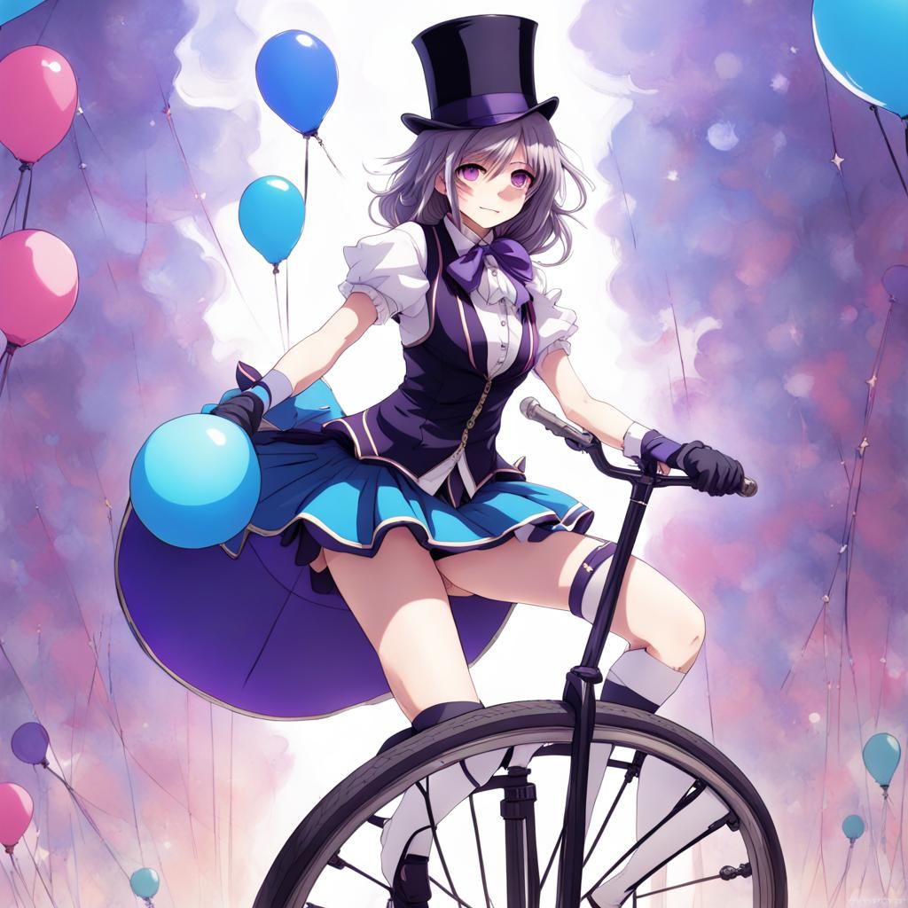 Anime Circus Girl on Unicycle with Top Hat