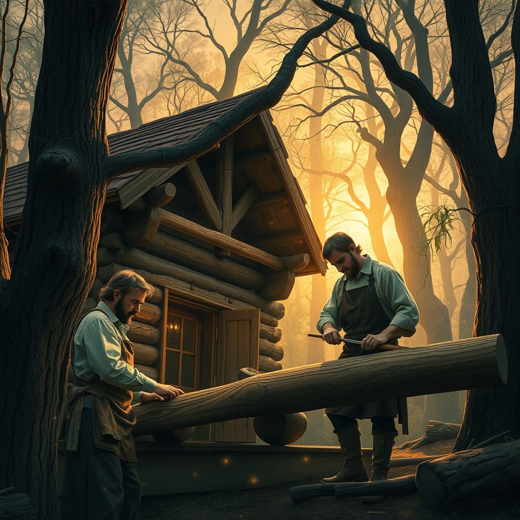 Craftsmen Build Whimsical Log House in Enchanted Forest