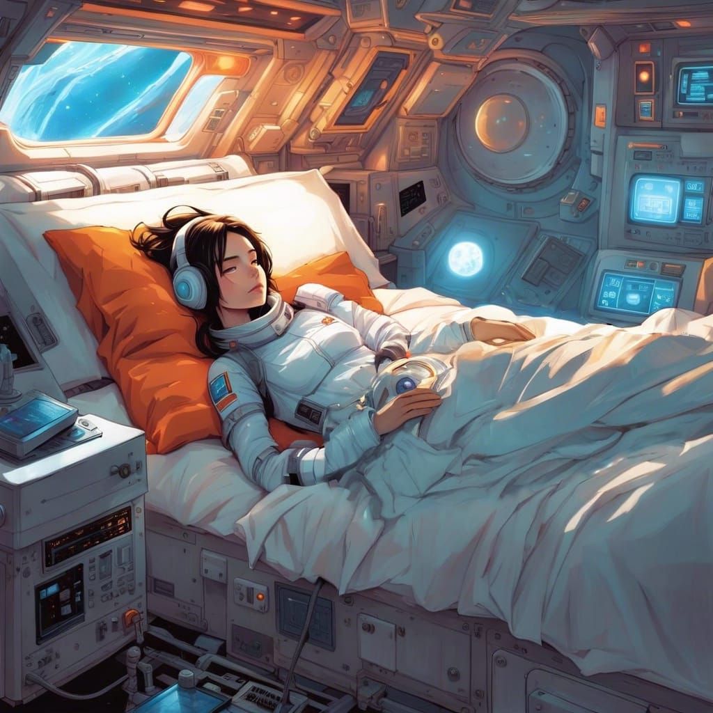 Princess Astronaut Asleep in Futuristic Bedroom