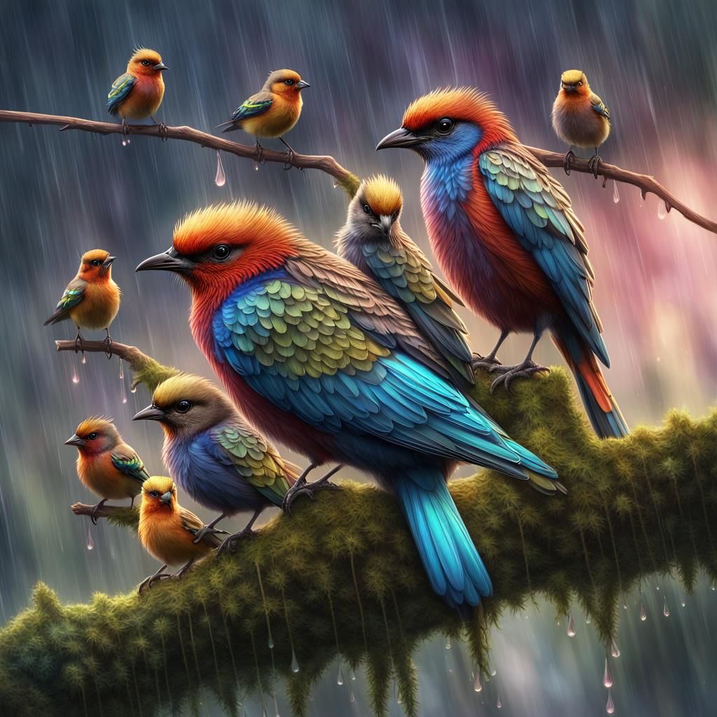 Colorful Finch Protects Babies from Rain