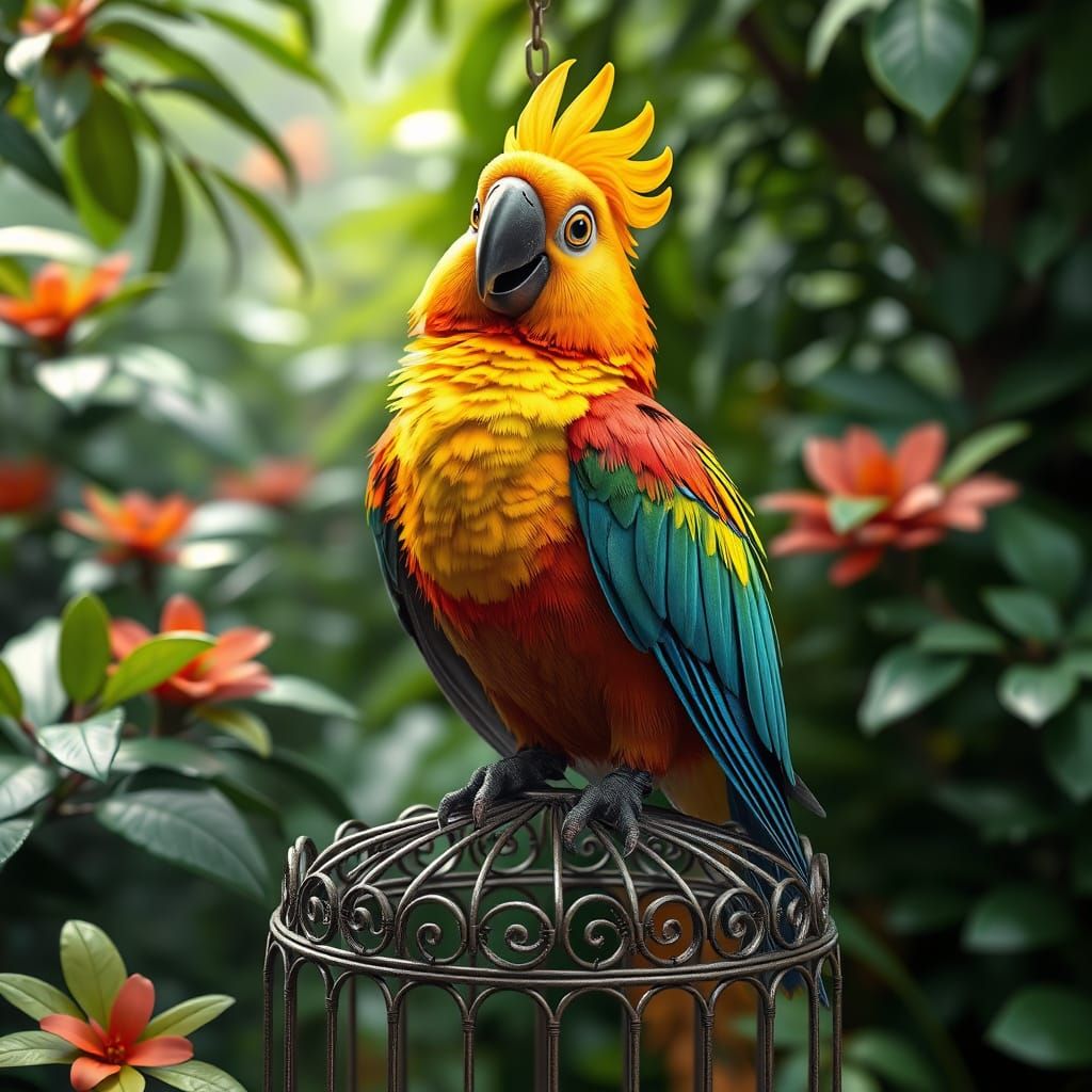 Vibrant Parrot Perched on Ornate Cage in Anime Style