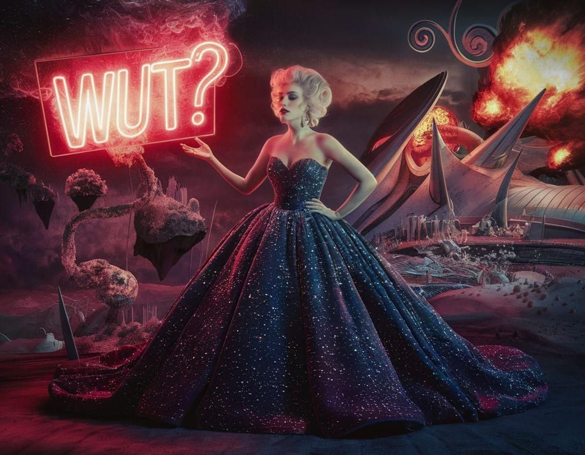 Wanda in Surreal Dreamscape with Neon Sign