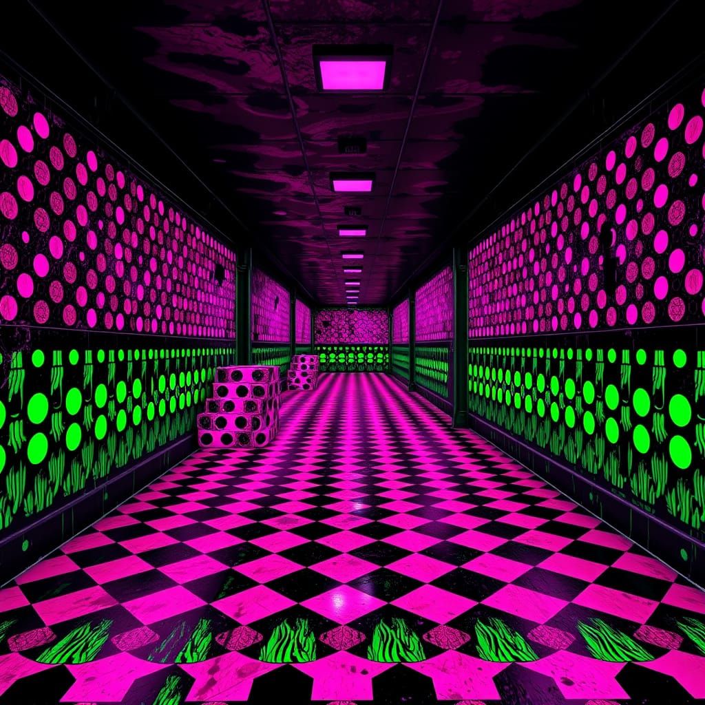 Grungy Neon Corridor with Impossible Loops and Patterns