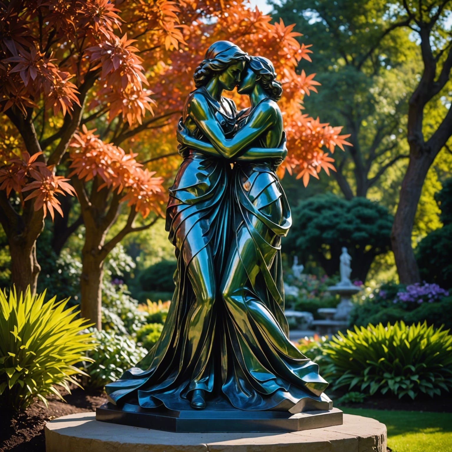 award-winning sculpture, two women hugging, intricate elegantly folded drapery found in the works of pre-1912 artists Gi...