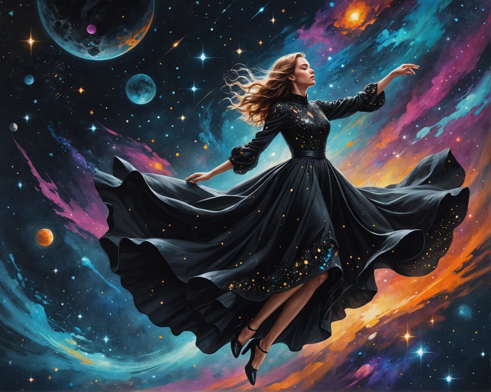 Ethereal Woman in Black Dress Among Stars: Graffiti Art