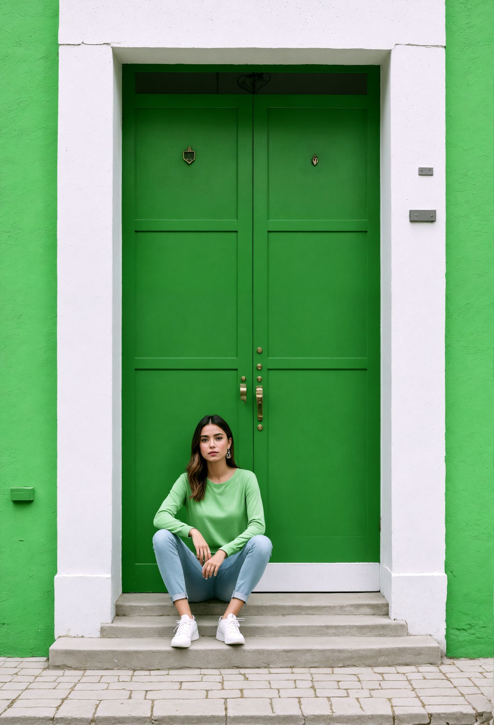Young Woman by Green Door: Hyperrealistic Image