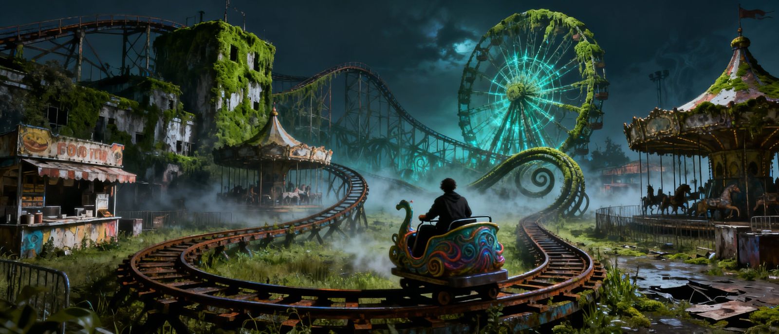 Surreal Rollercoaster Ride Through Abandoned Carnival