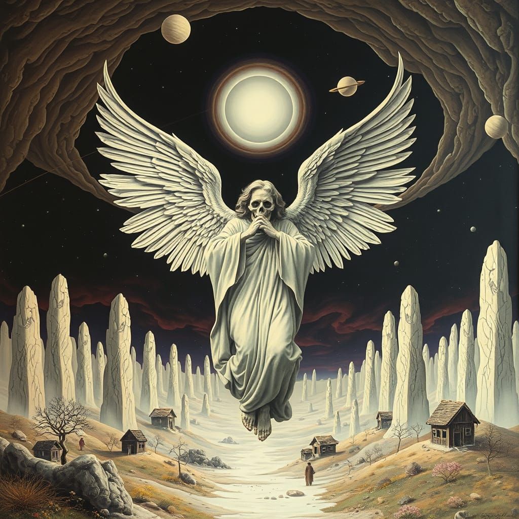 Surreal Angel of Death in Dreamlike Landscape