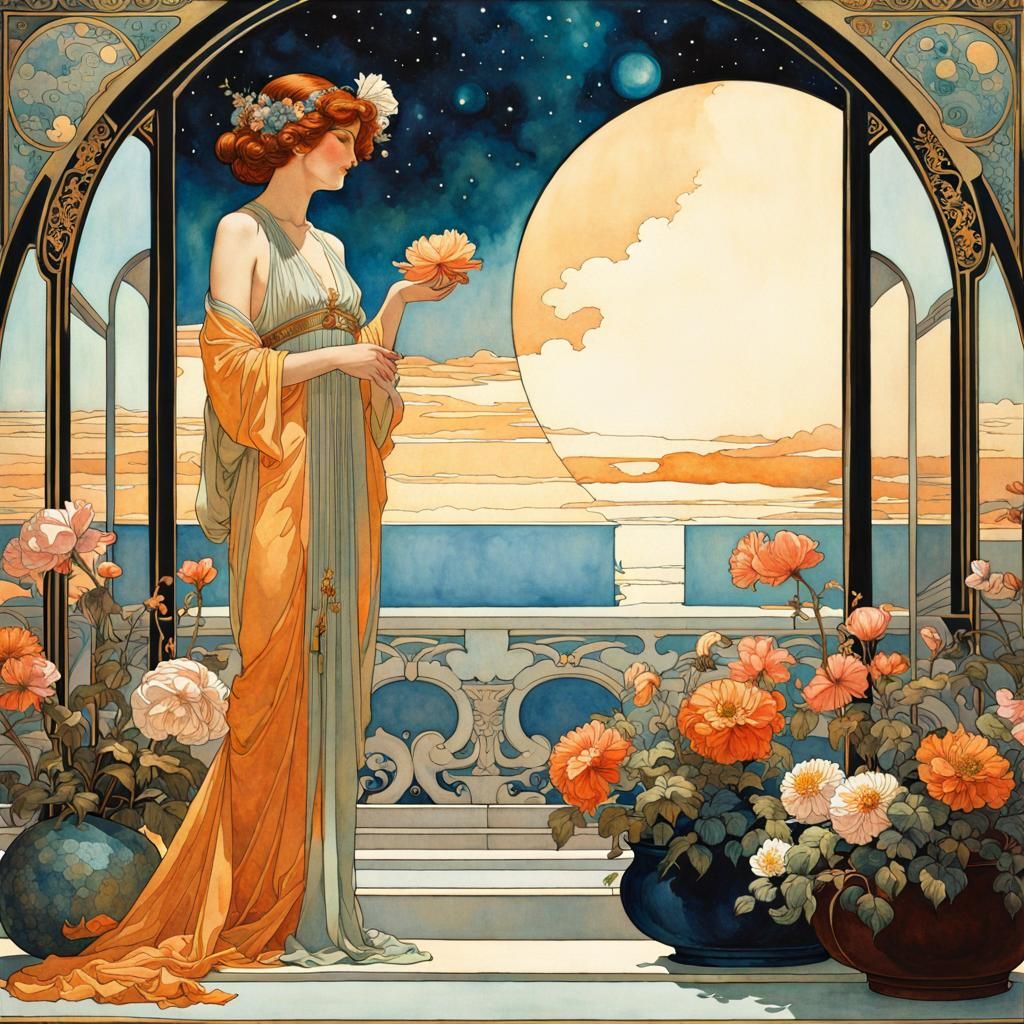 Watercolor Flower Still Life in Art Nouveau Style