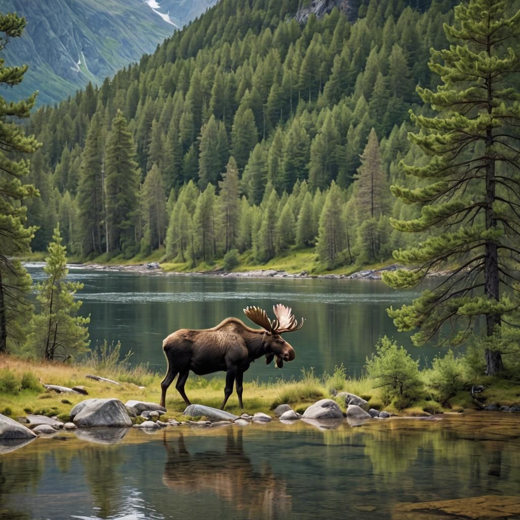 beautiful mountain scene in Norway summer with moose grazing by river suny day
pine trees