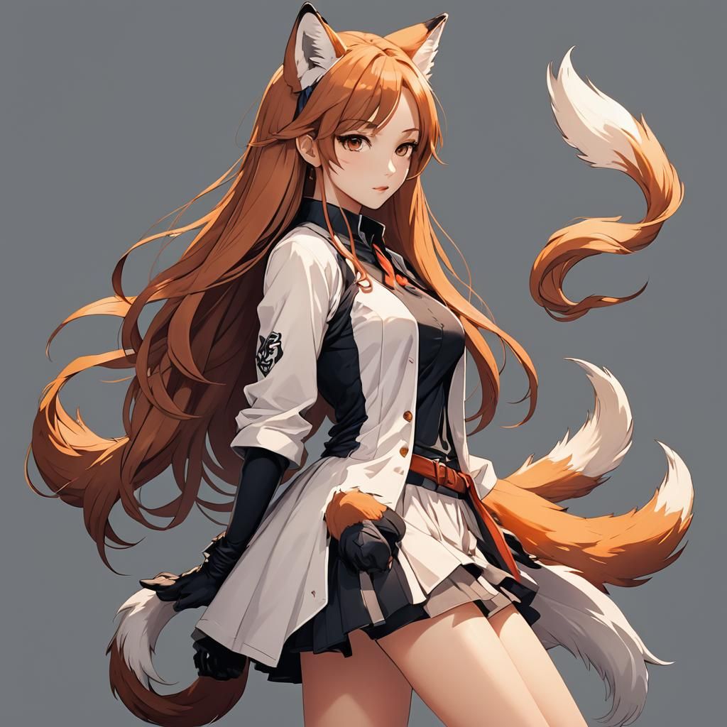 Anime Girl with Fox Tail in Cel-Shaded Style