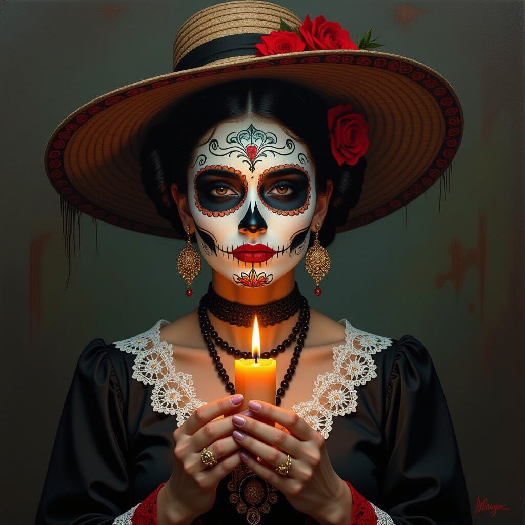 Elegant Decaying Catrina Holds Burning Candle Oil Painting