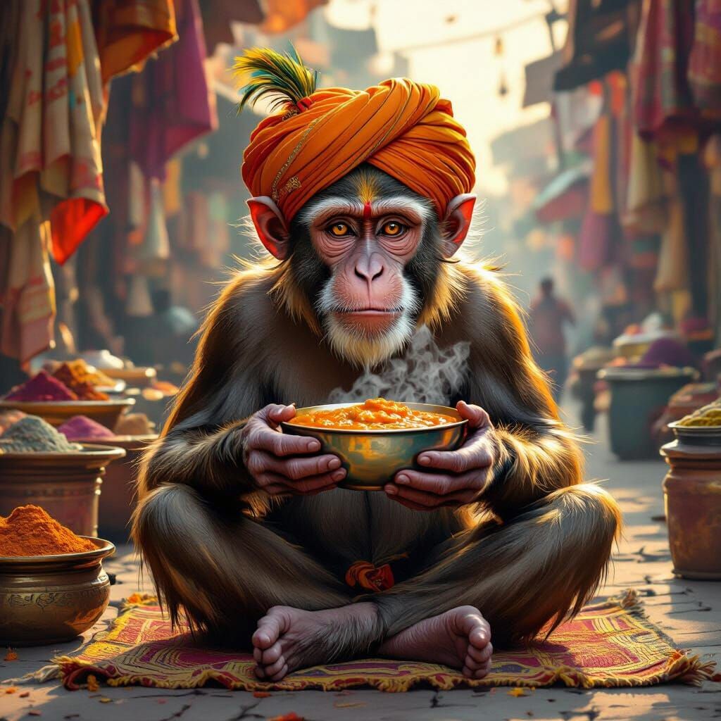Wise Monkey Enjoys Chicken Curry in Indian Market Oil Painti...
