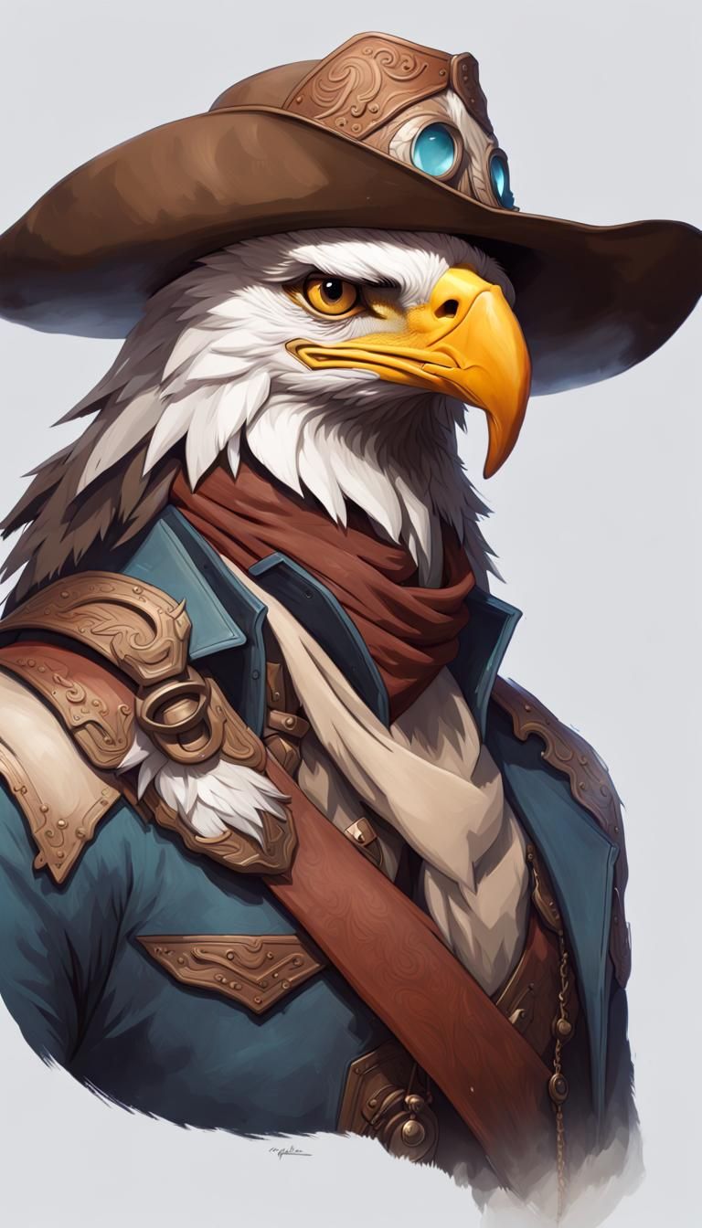Anthropomorphic Eagle Cowboy Portrait in Art Nouveau Style