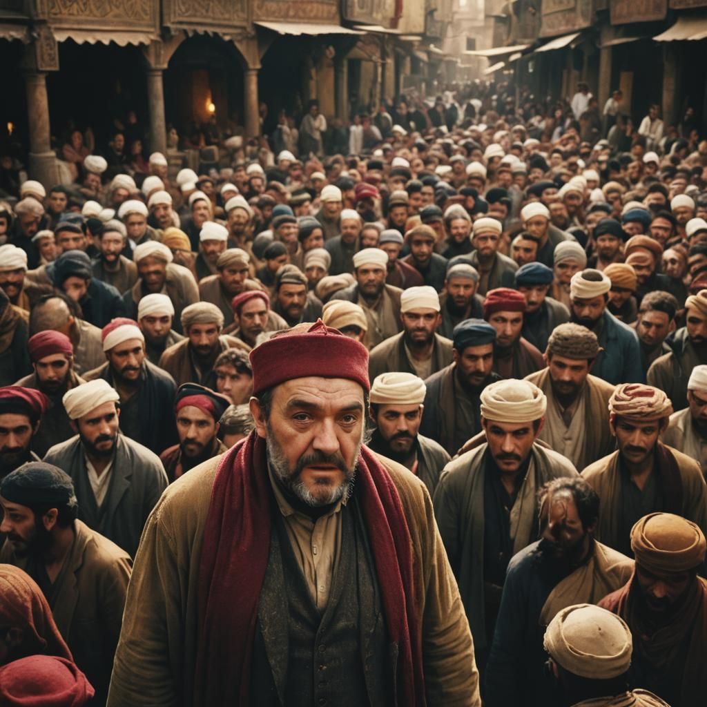 Saleh in Crowded Marketplace with Fez, Cinematic Still