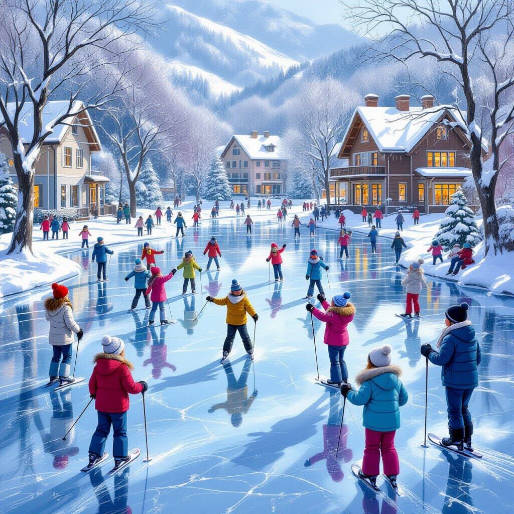 Children Ice Skating on a Beautiful Frozen Lake