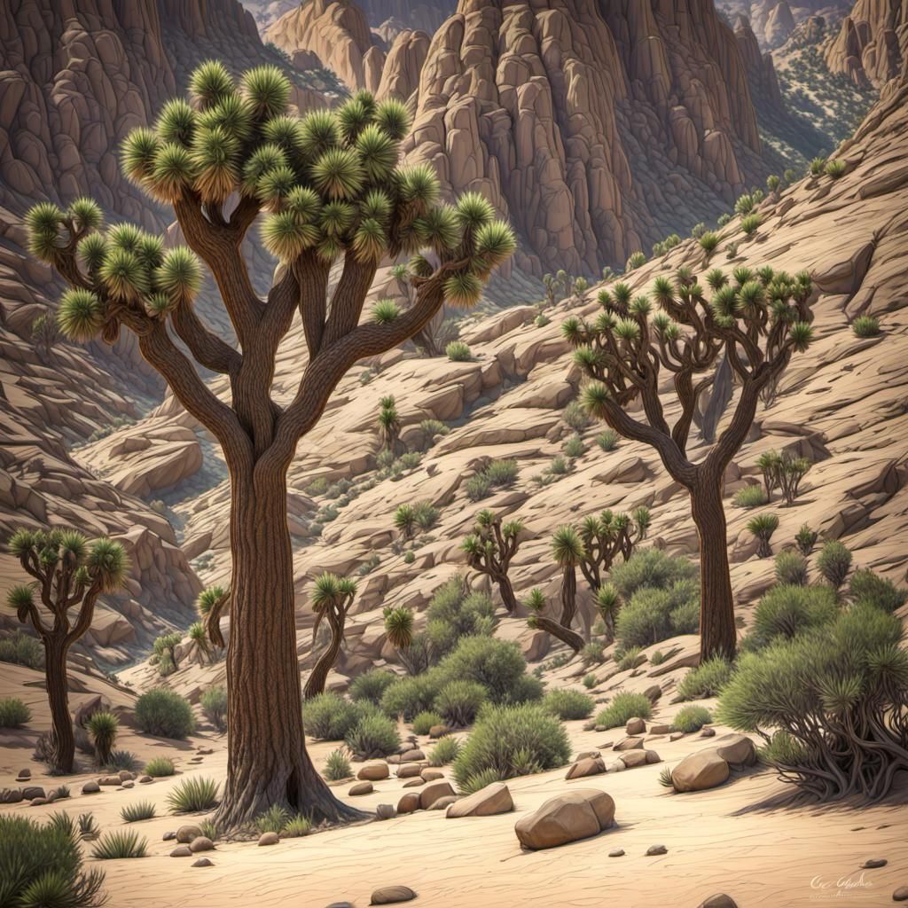 Joshua Trees in Desert Canyon, ArtStation Style