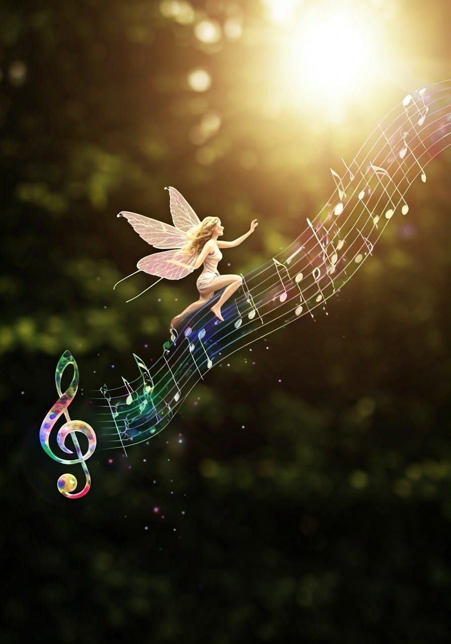 Fairy Riding a Rainbow Music Note in Sunlight