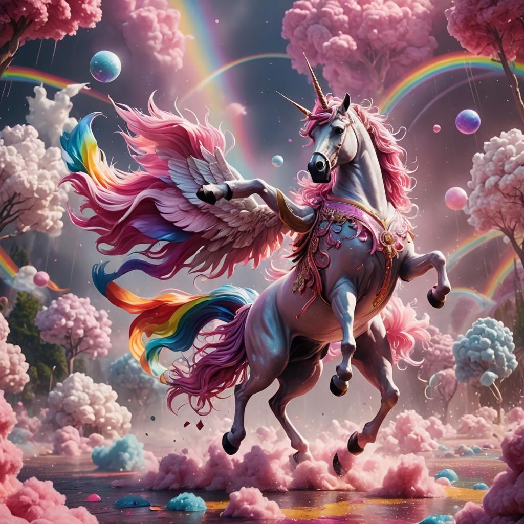 Pink Fluffy Unicorn Dancing on Rainbows
