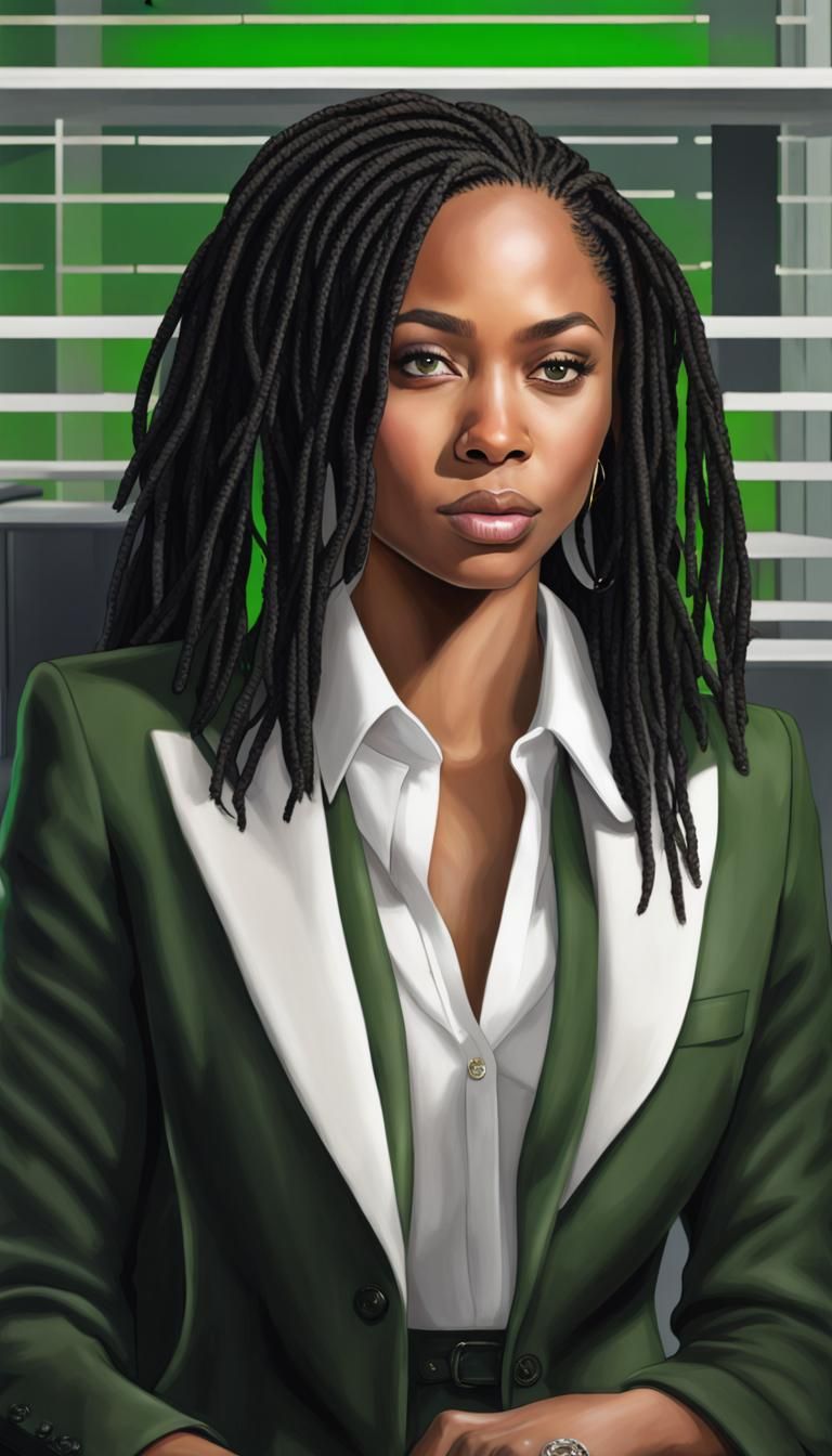 Professional Woman in Office with Green Law Blazer