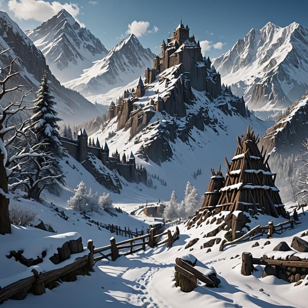 Medieval Barricade on Snowy Mountain Peak