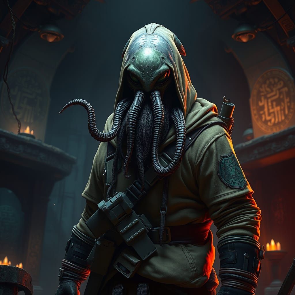 Cyberpunk Fantasy Warrior in Ancient Ruins